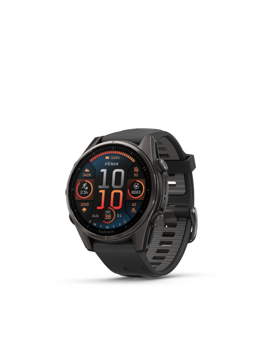 Garmin fenix 8 – 43 mm, AMOLED Sapphire, Carbon grey DLC titanium, Black / Pebble grey silikonový řemínek