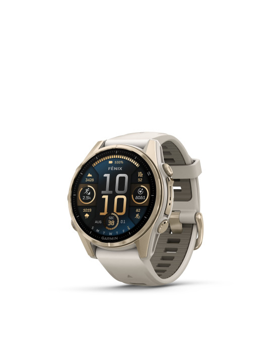 Garmin fenix 8 – 43 mm, AMOLED  Sapphire, Soft Gold / Fog grey silikonový řemínek